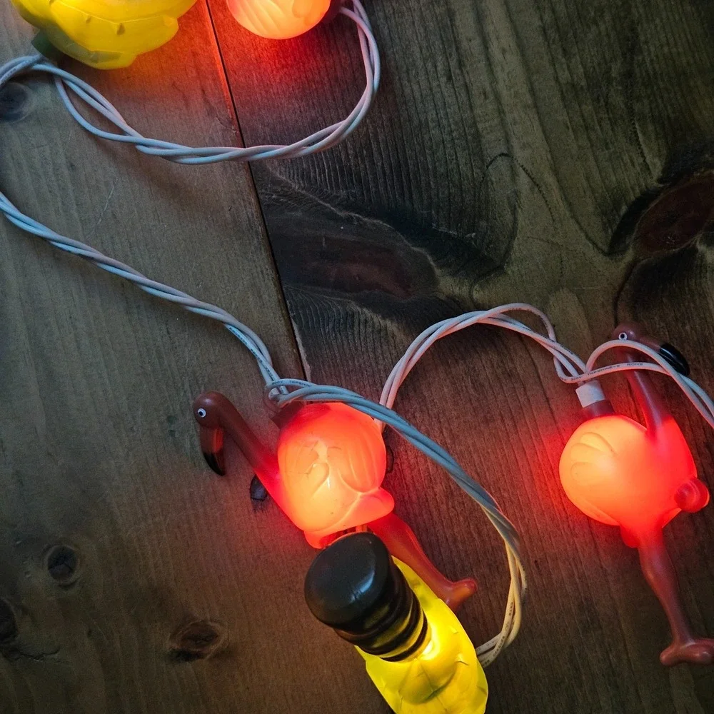Vintage Flamingo & Palm Tree Patio String Lights Set 5 Ft Tropical Tested
